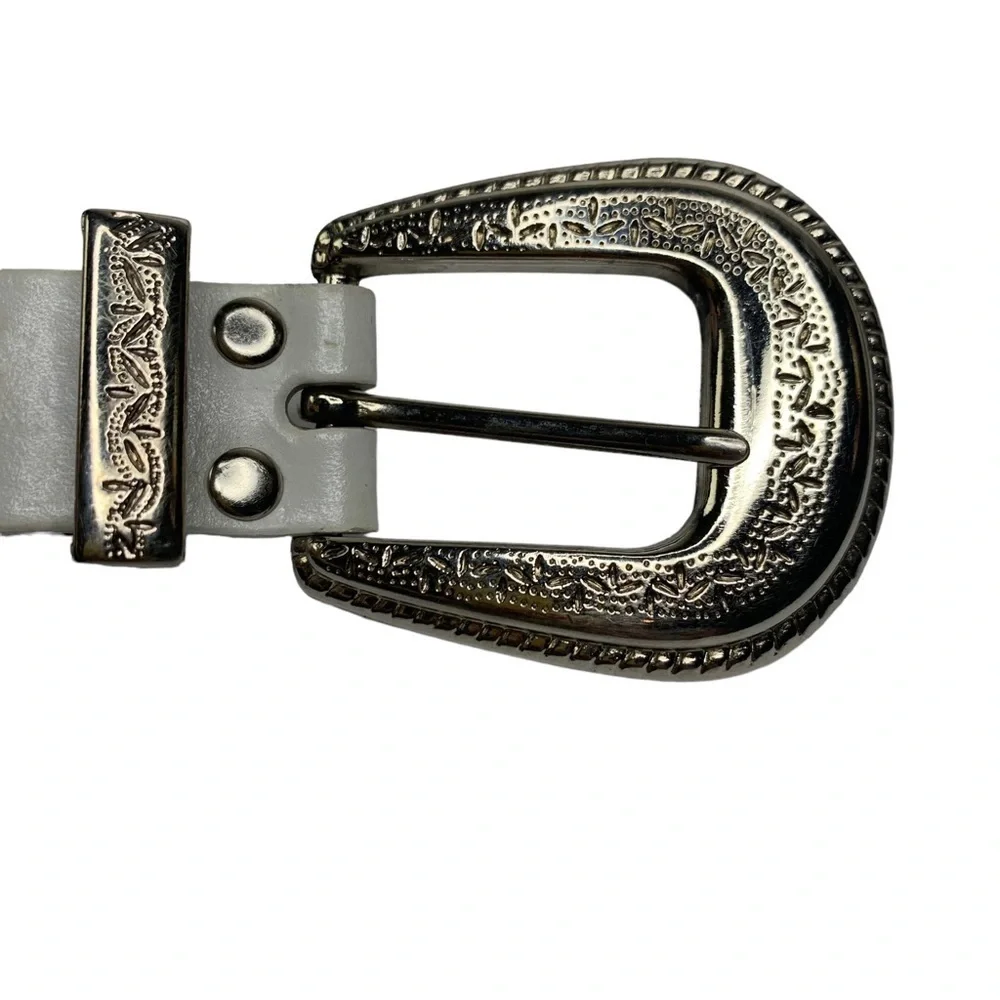 White Leather Western Highly Decorated 206 Silver Rivets 11 Square Accents Belt